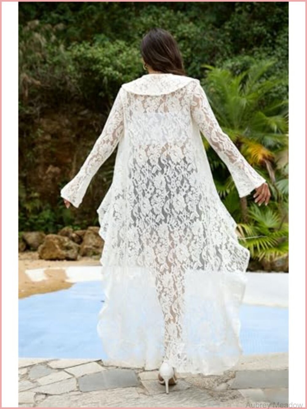 Women Lace Cardigan Long Bell Sleeve Sheer Mesh Floral Tie Front Duster Maxi - Picture 5 of 6